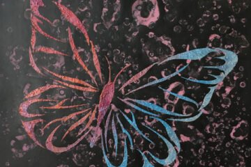 The Butterfly metallic pink and blue on black framed original contemporary modern art painting. UK art for sale by a UK artist.