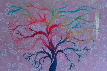 Tree of Life, multi color on purple, large abstract resin wall art painting. Original modern art. UK Art for sale by UK artist.