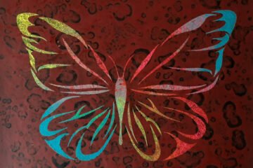 The Butterfly multi metallic on brown framed original modern art painting. UK art for sale by a UK artist.