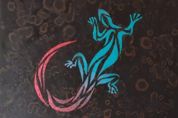 The Gecko turquoise and fluorescent rose on brown framed modern art painting. UK art for sale by a UK artist.