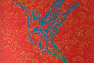 The Hummingbird metallic blue and green on red, Framed modern art painting, original art. UK art for sale by a UK artist.