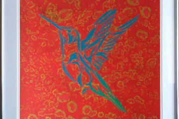 The Hummingbird metallic blue and green on red, Framed modern art painting, original art.