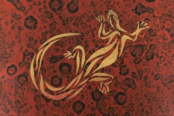 The Gecko, gold on red, framed original contemporary modern art painting. UK art for sale by a UK artist.