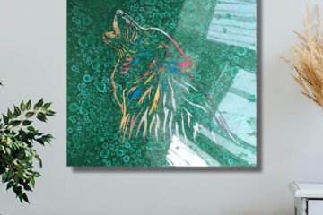 Howling Wolf canvas art multi color on green acrylic and resin modern art painting on canvas. Living room art canvas painting.