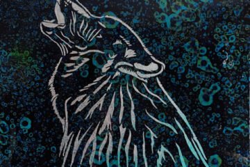 howling wolf acrylic and resin contemporary art painting on stretched canvas. Wolf art, unique art. UK art for sale by a UK artist