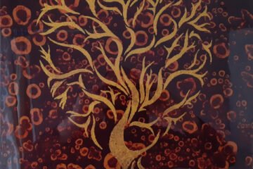 Tree of Life, gold on brown, small resin wall art painting on canvas. Original modern art. Art for sale, UK art by UK artist.